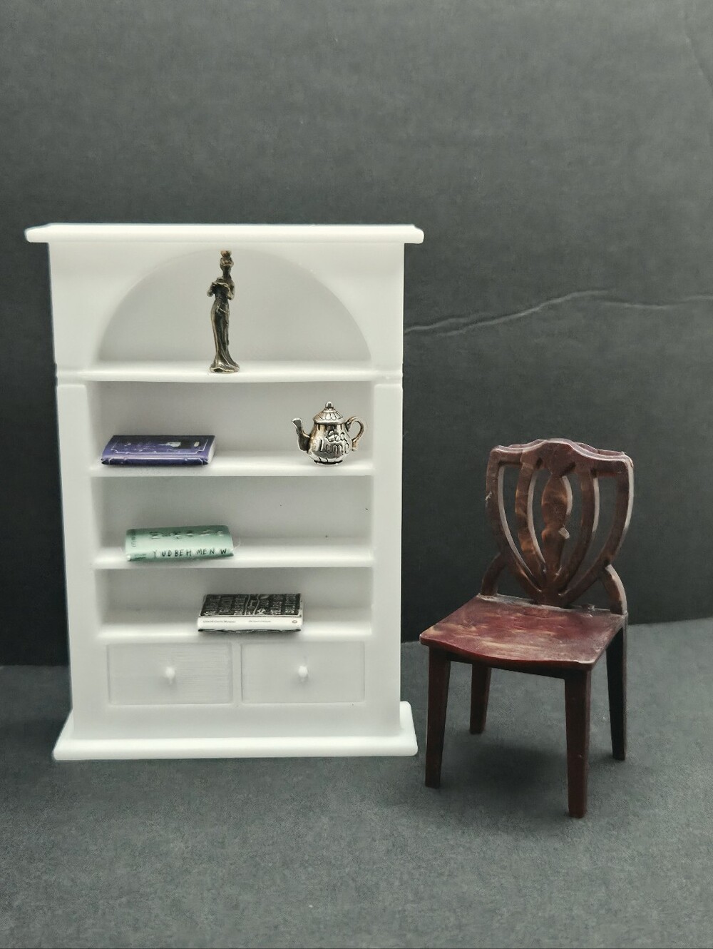 Miniature plastic bookcase & chair set with accessories + free mystery bag